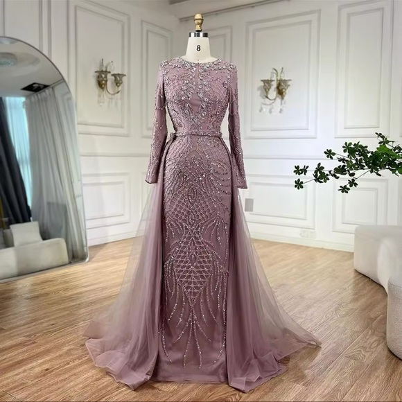 pink mermaid dress with ruffles Trendy Pink Illusion neck Long Sleeves Mermaid Ruffles Prom Dresses